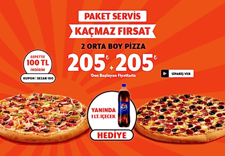 2 Adet Orta Boy Pizza + İçecek (1 L.)