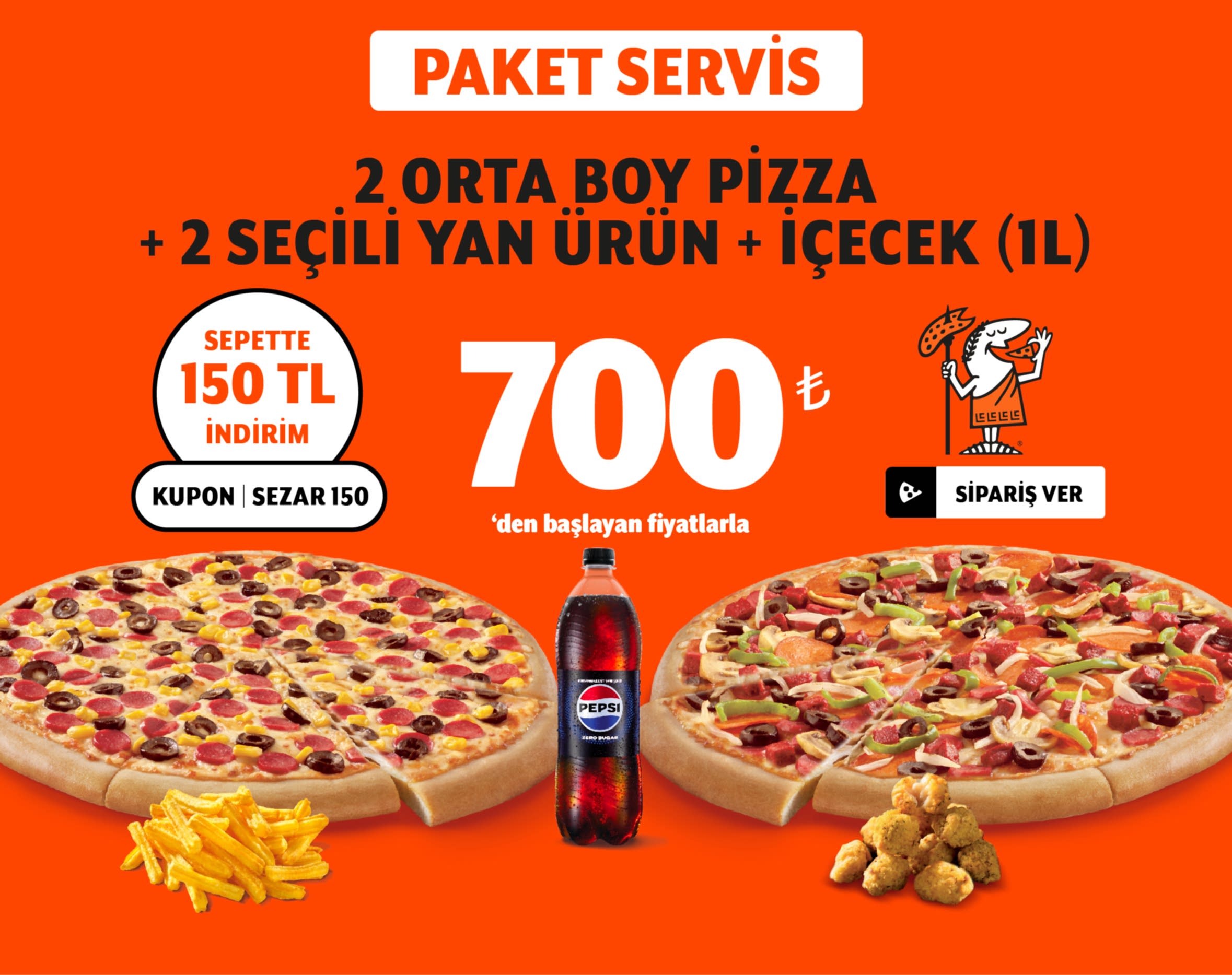 2 Orta Boy Pizza + 2 Yan Ürün + İçecek (1 L)