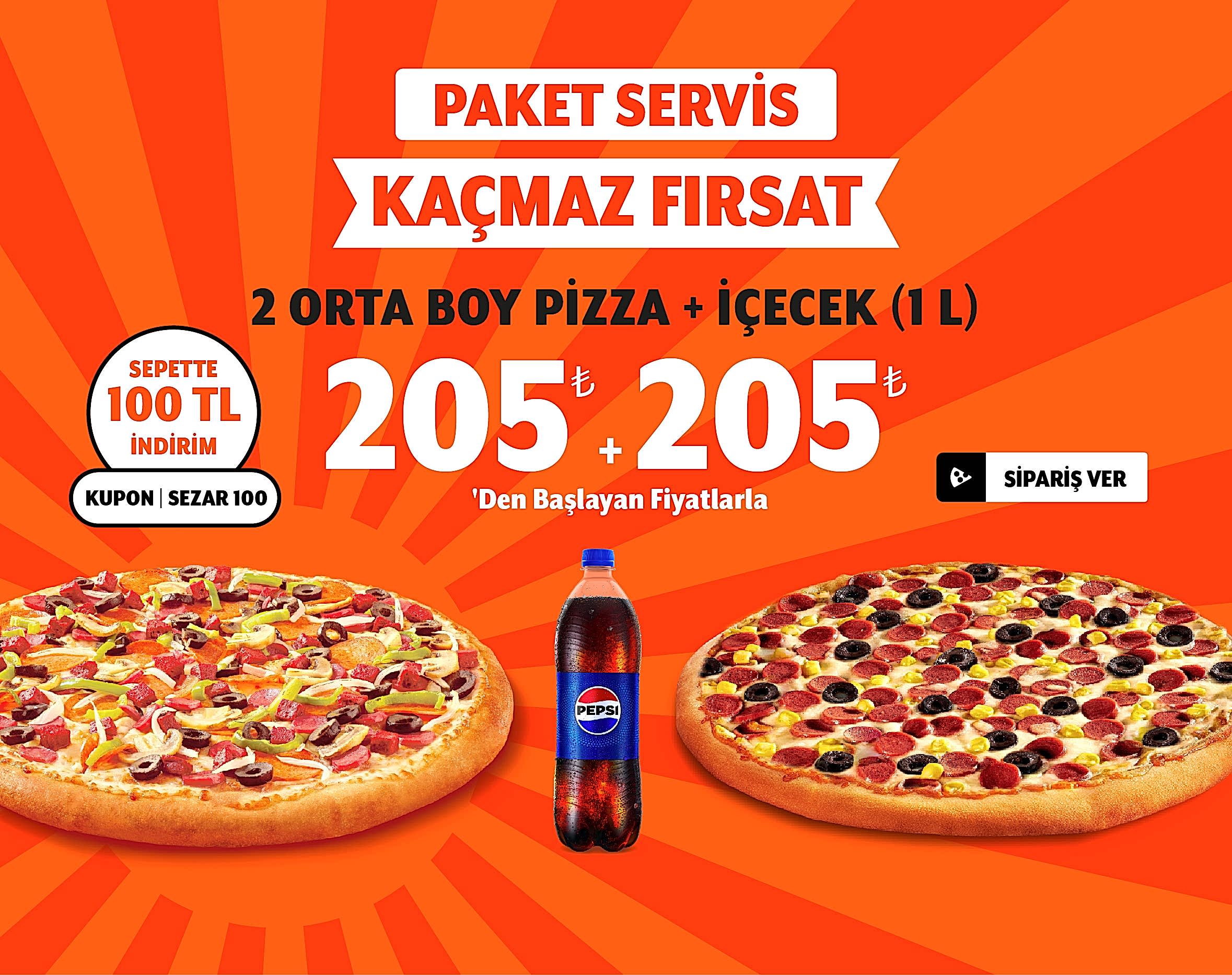 2 Adet Orta Boy Pizza + İçecek (1 L.)